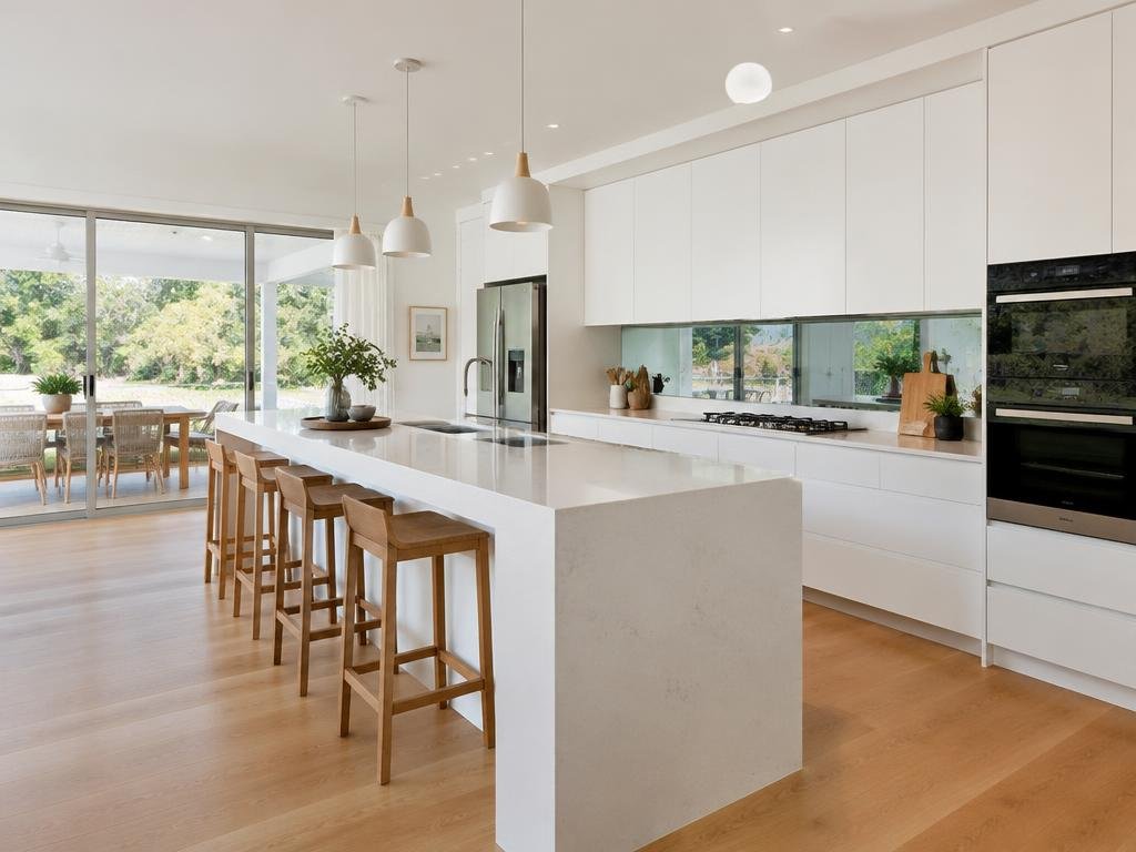 Clean white kitchen with gleaming stone benchtops