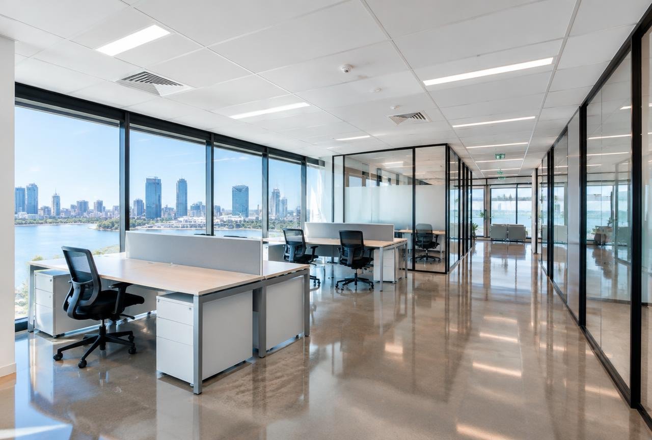 Clean open-plan office with Perth city views